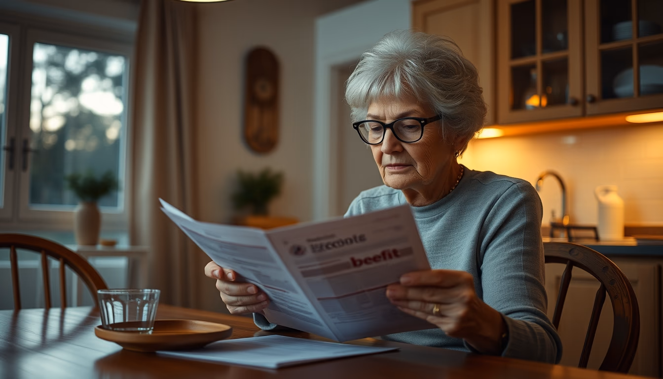 widow reading benefit documents at kitchen table in editorial style