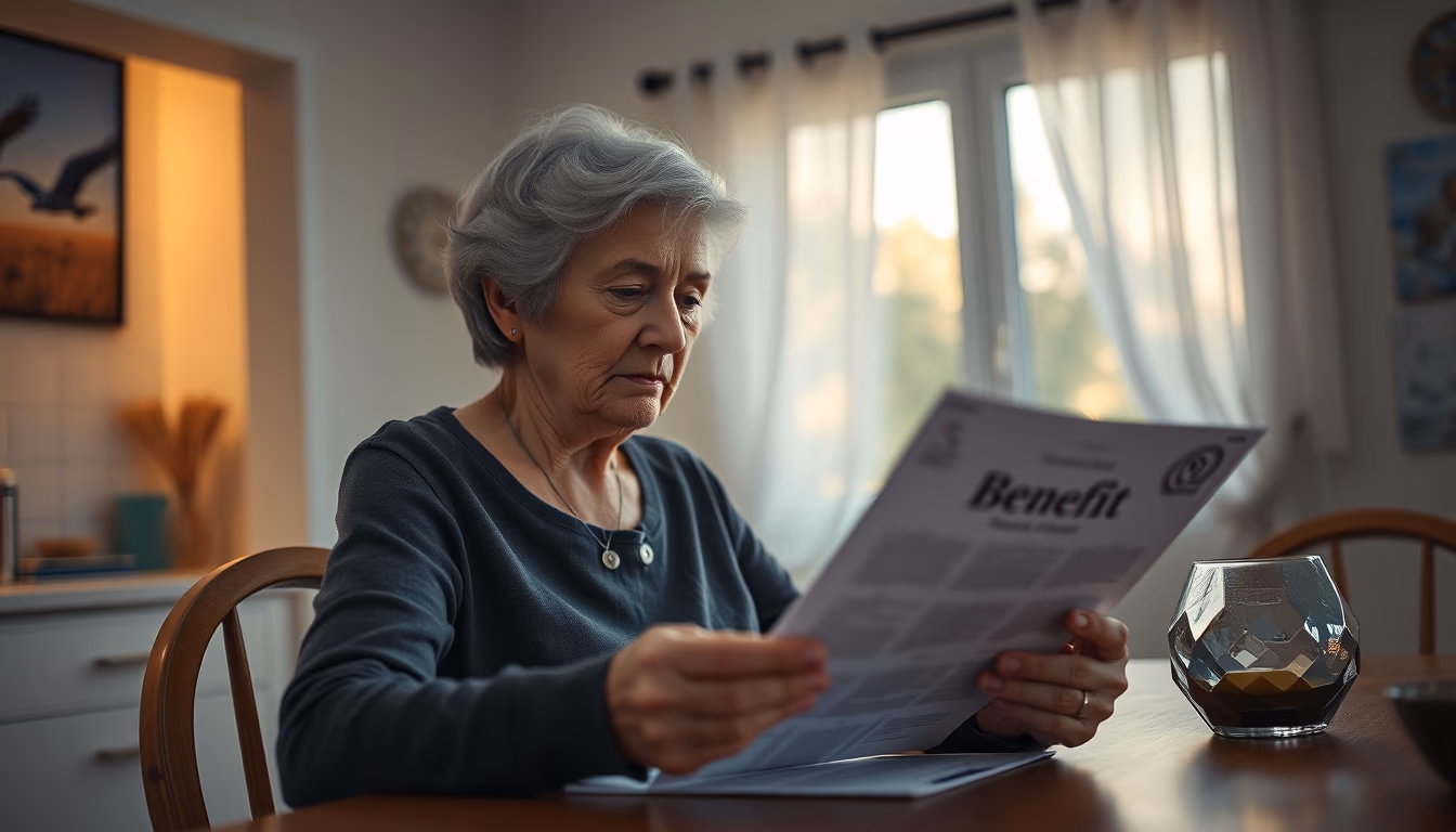 widow reading benefit documents at kitchen table in editorial style