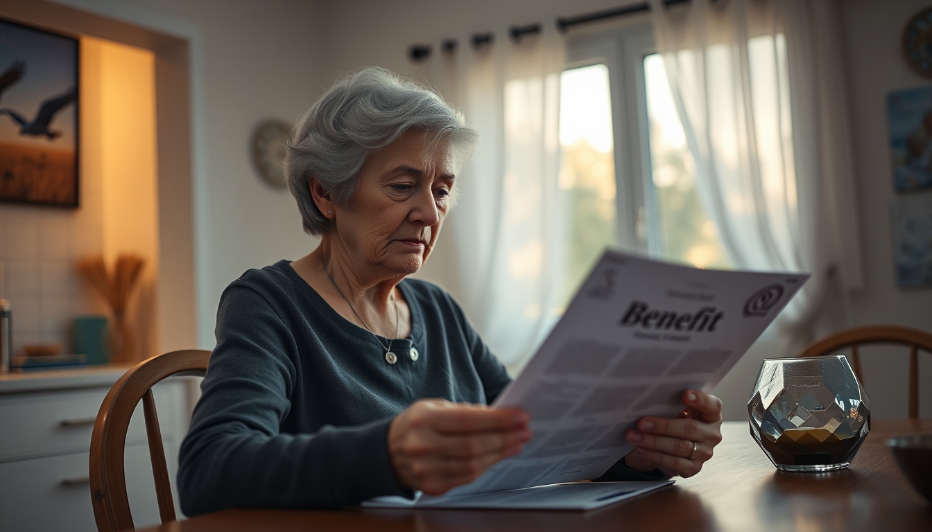 Widow reading benefit documents at kitchen table em estilo editorial