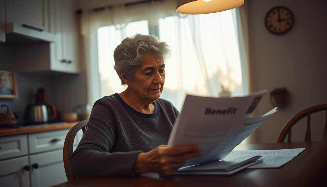 widow reading benefit documents at kitchen table in editorial style