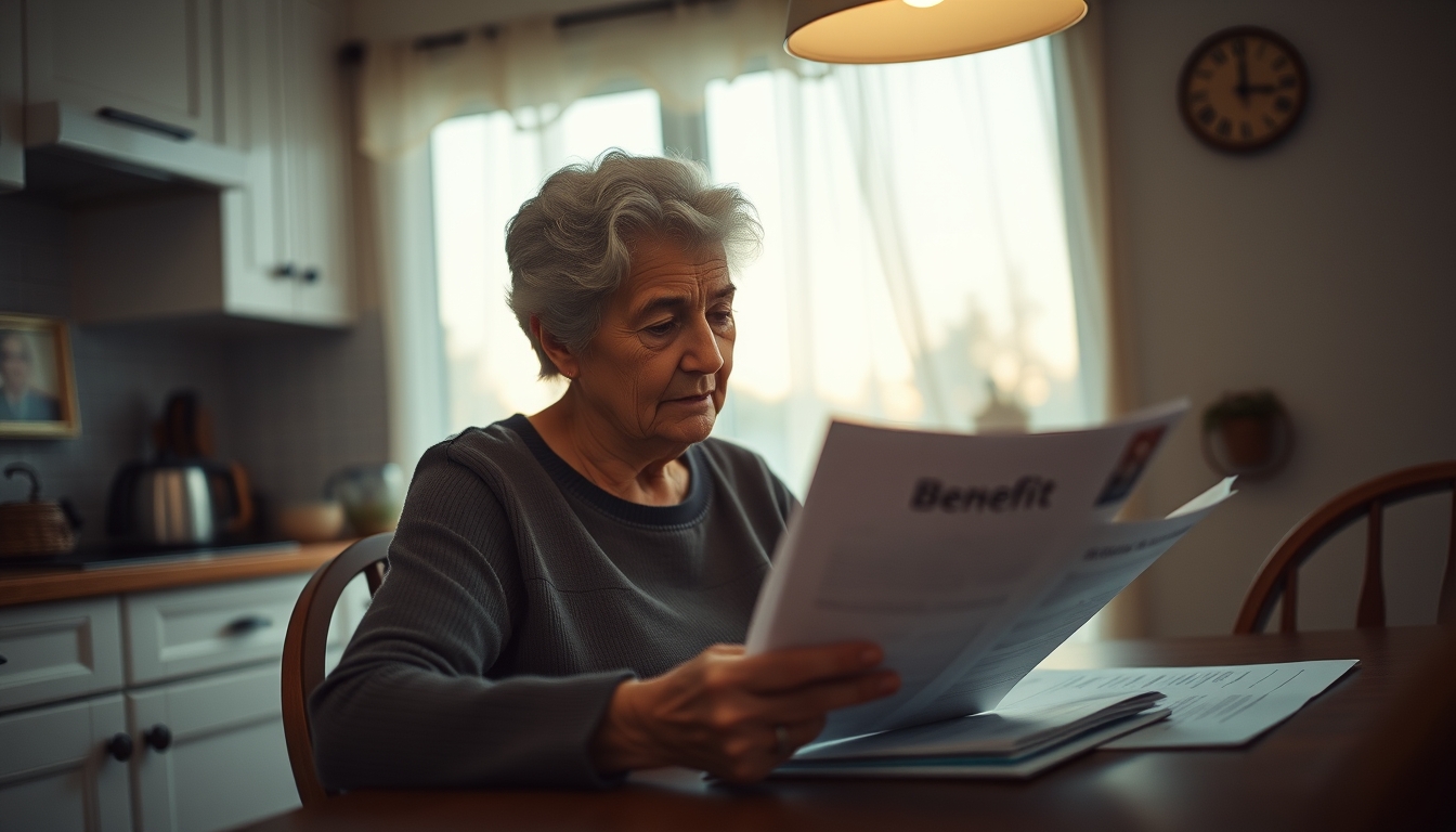 Widow reading benefit documents at kitchen table em estilo editorial