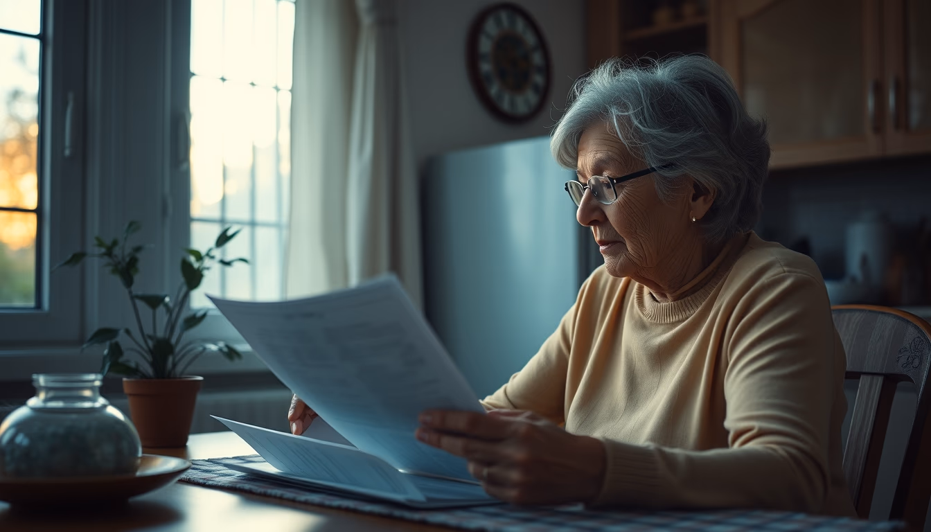 widow reading benefit documents at kitchen table in editorial style