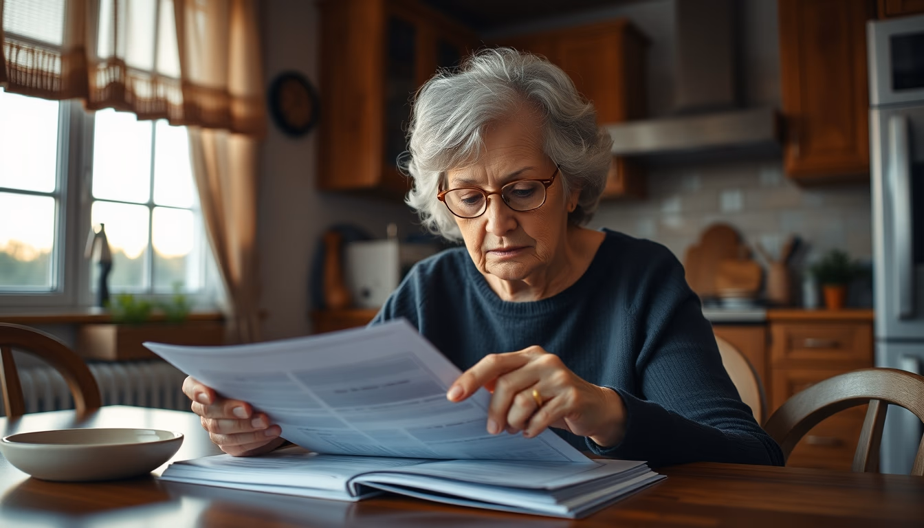 widow reading benefit documents at kitchen table in editorial style