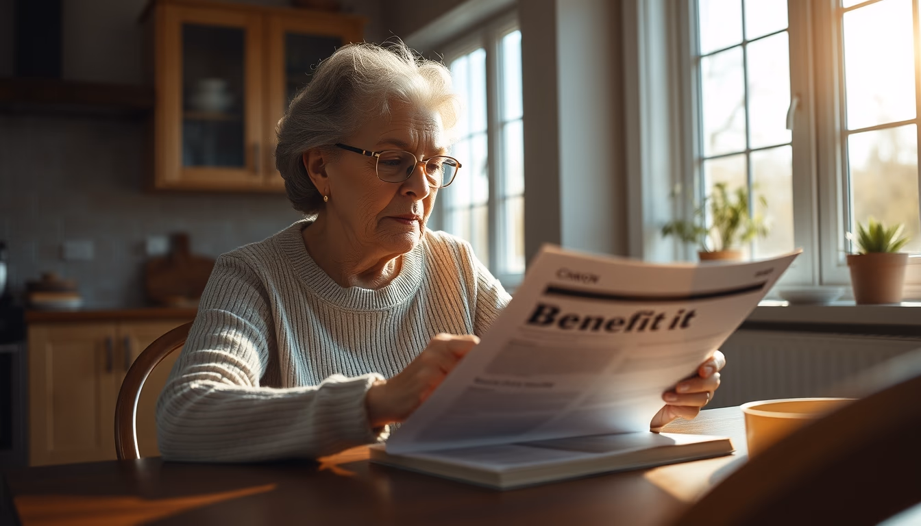widow reading benefit documents at kitchen table in editorial style