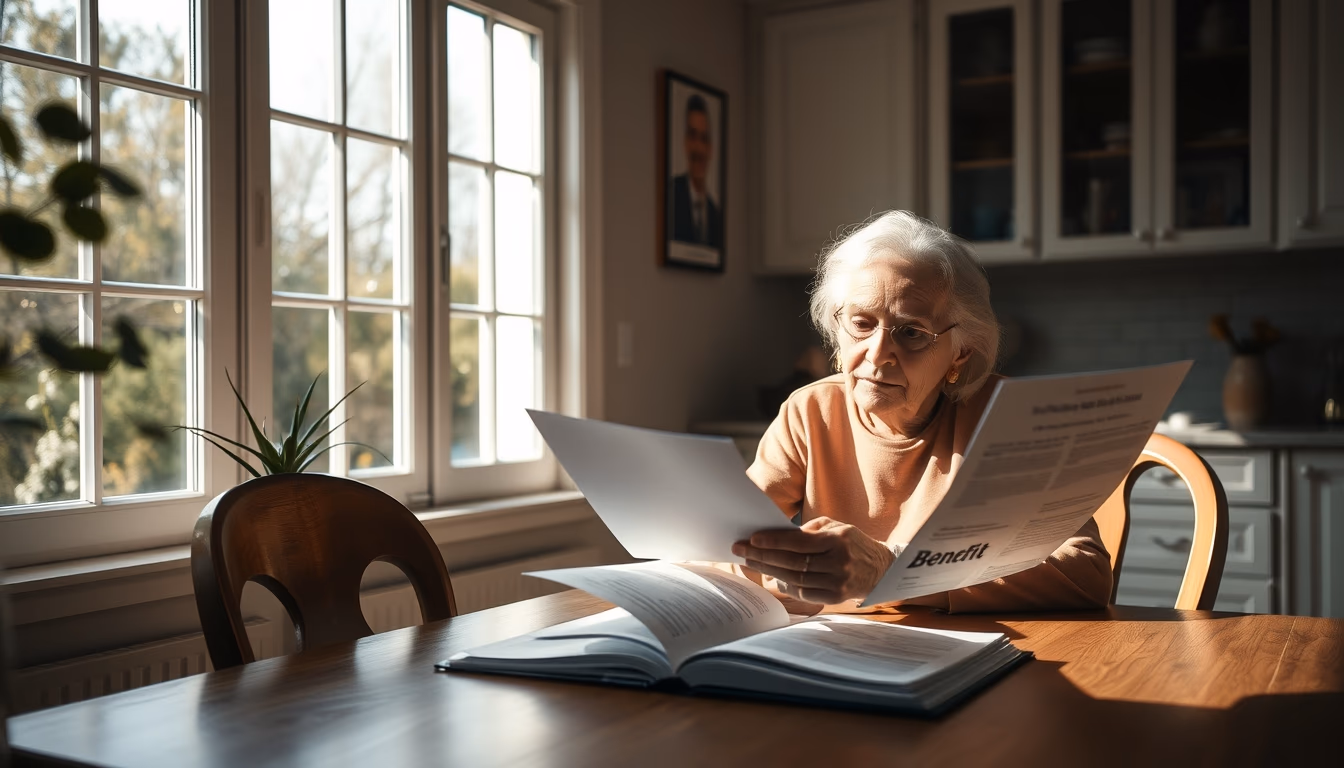 widow reading benefit documents at kitchen table in editorial style