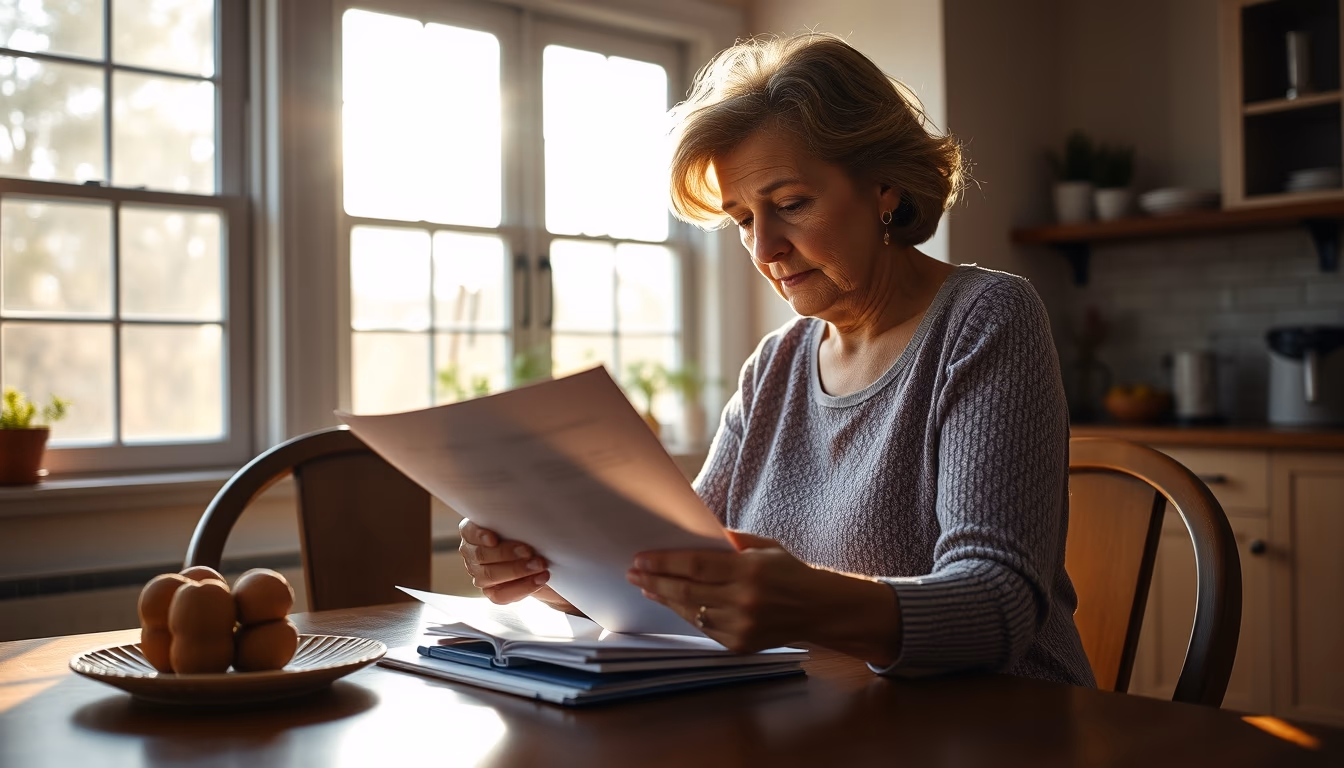 widow reading benefit documents at kitchen table in editorial style