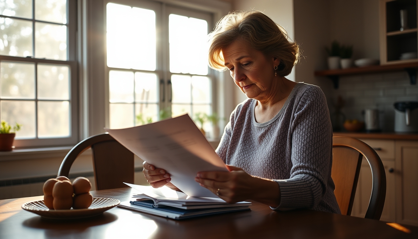 Widow reading benefit documents at kitchen table em estilo editorial