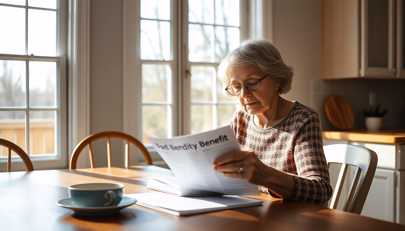 widow reading benefit documents at kitchen table in editorial style