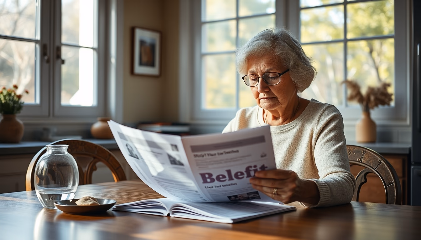 widow reading benefit documents at kitchen table in editorial style