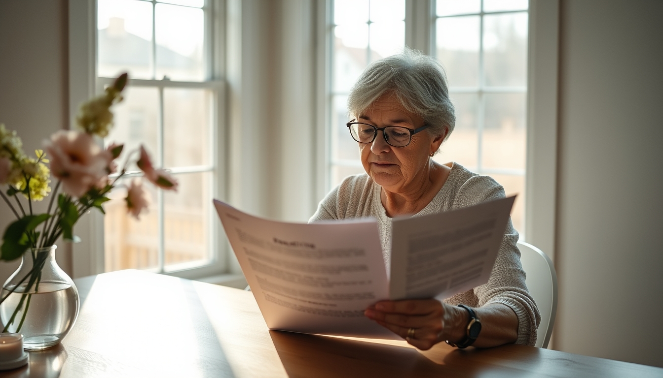 Widow reading benefit documents at kitchen table em estilo editorial