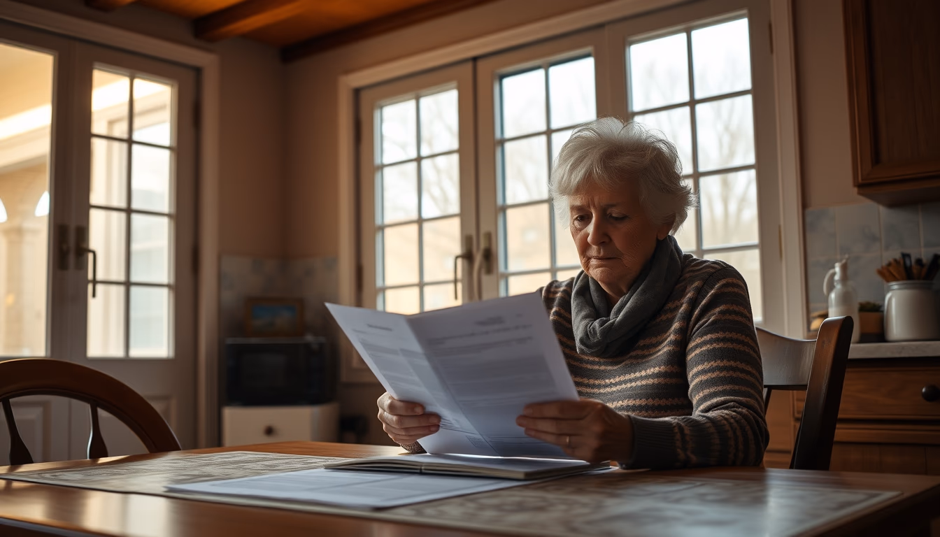 widow reading benefit documents at kitchen table in editorial style
