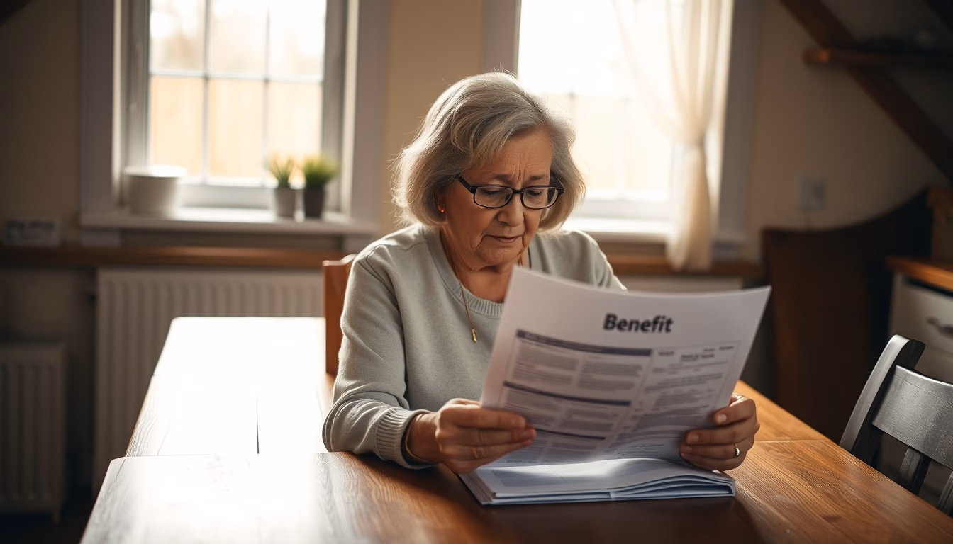 widow reading benefit documents at kitchen table in editorial style
