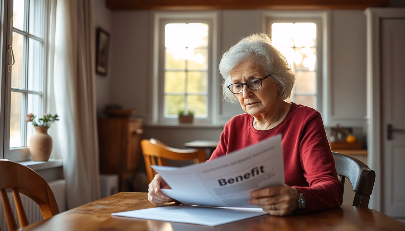 widow reading benefit documents at kitchen table in editorial style