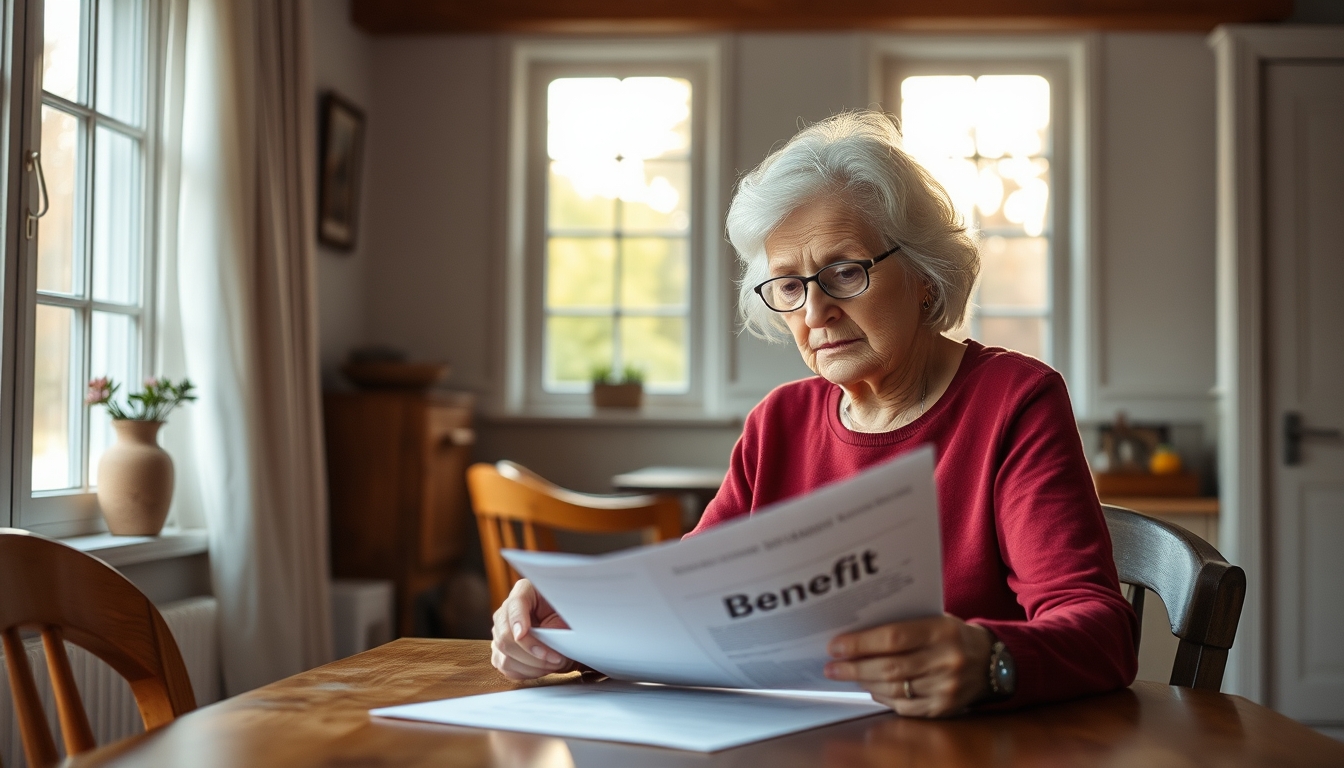 Widow reading benefit documents at kitchen table em estilo editorial
