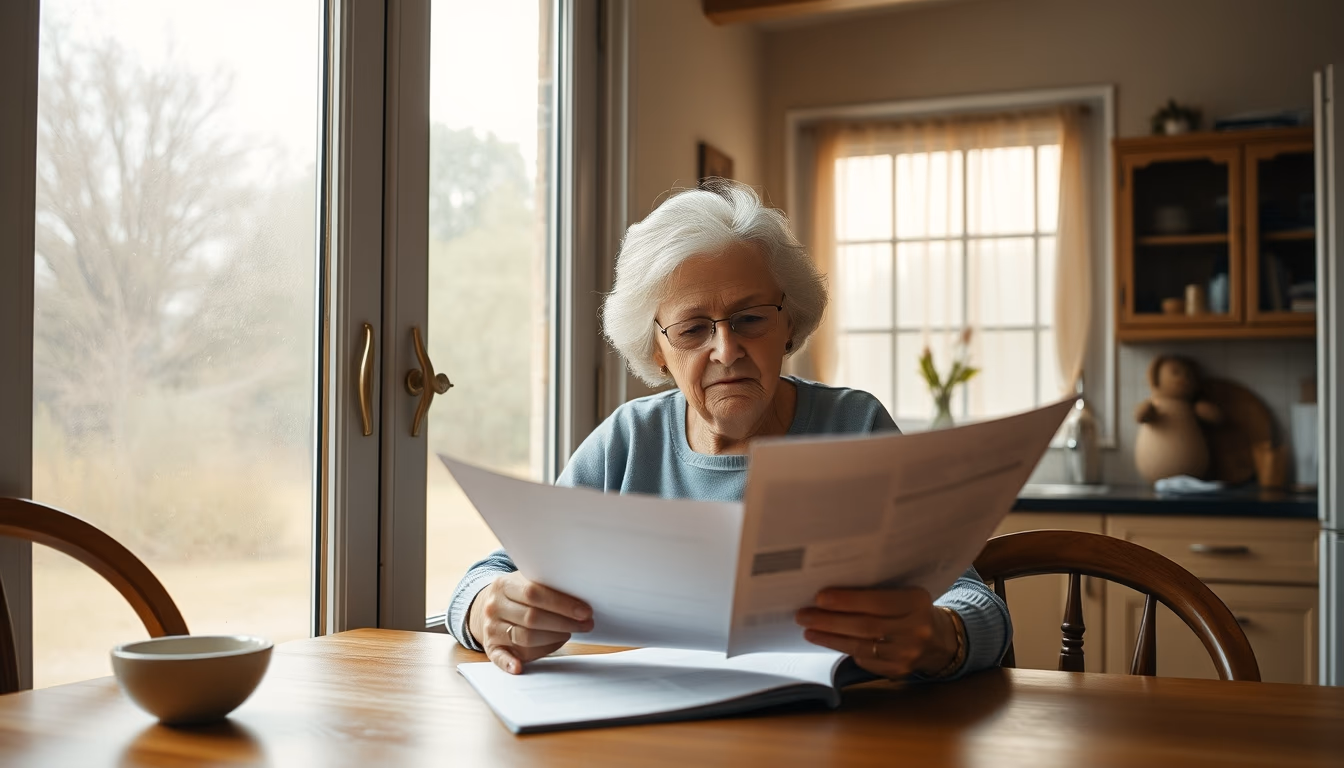 widow reading benefit documents at kitchen table in editorial style