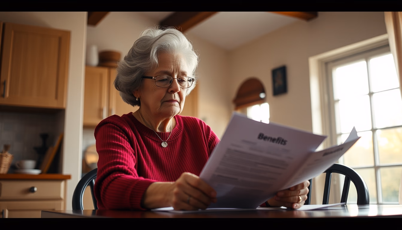 widow reading benefit documents at kitchen table in editorial style