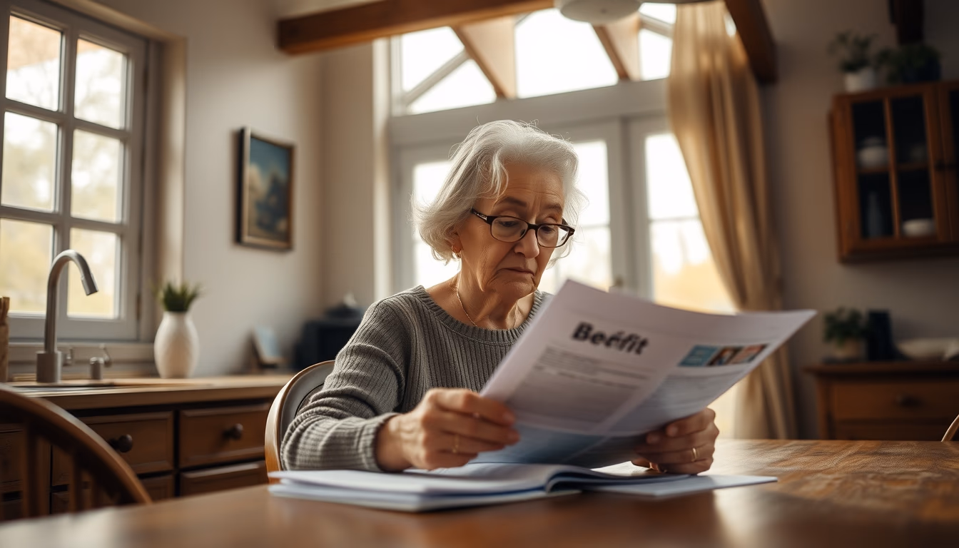 widow reading benefit documents at kitchen table in editorial style