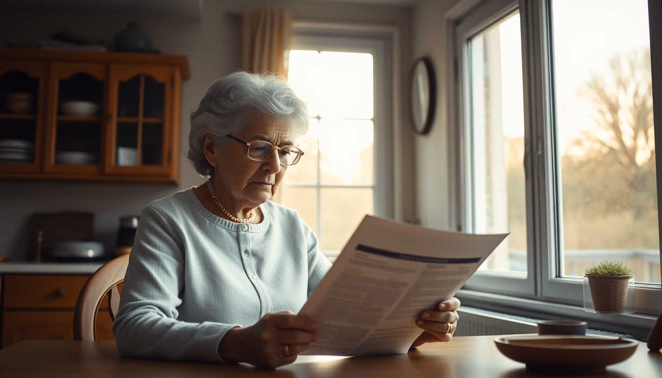 widow reading benefit documents at kitchen table in editorial style