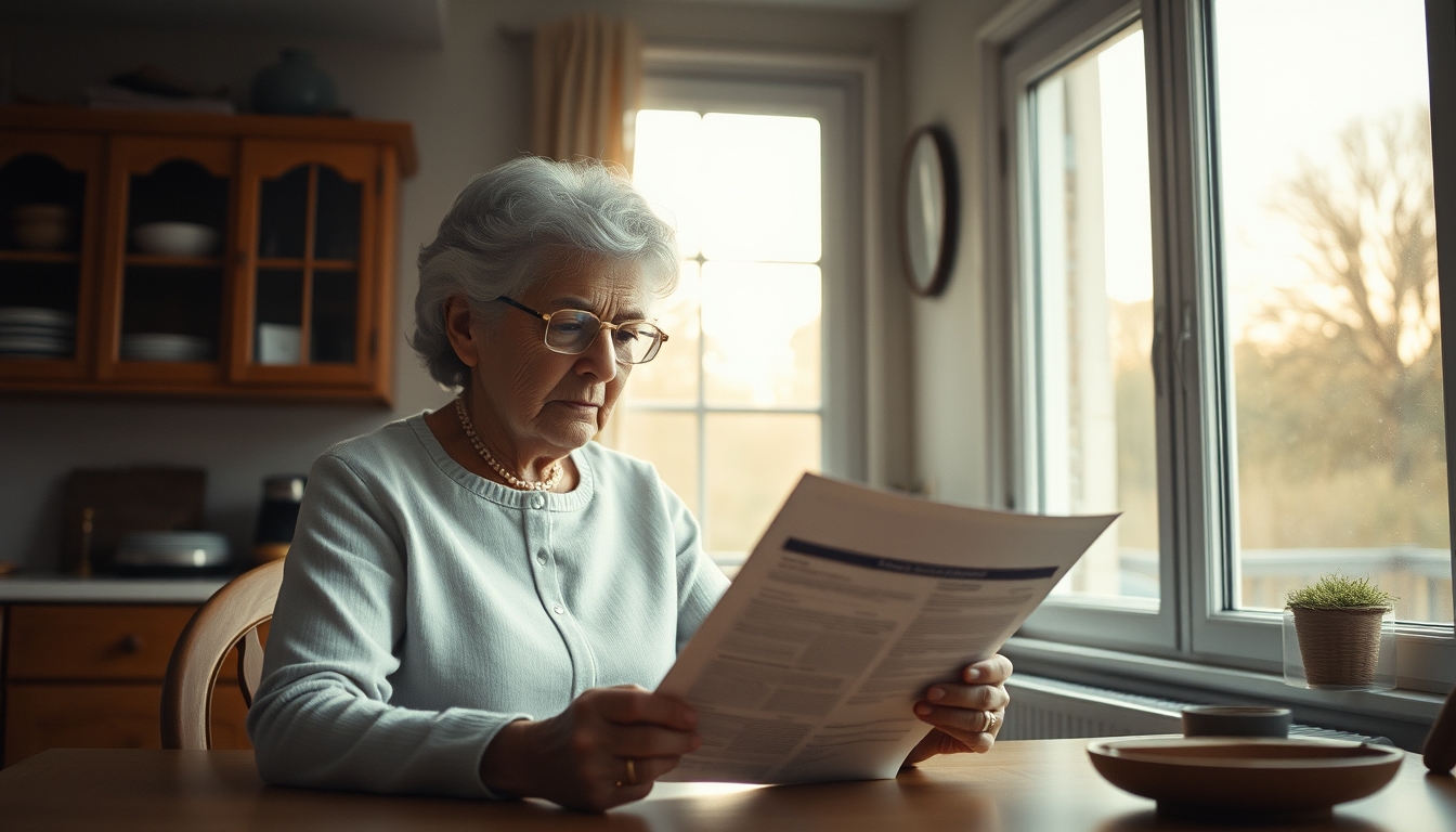 Widow reading benefit documents at kitchen table em estilo editorial