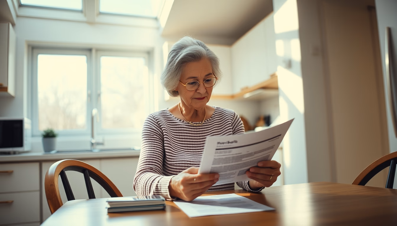widow reading benefit documents at kitchen table in editorial style