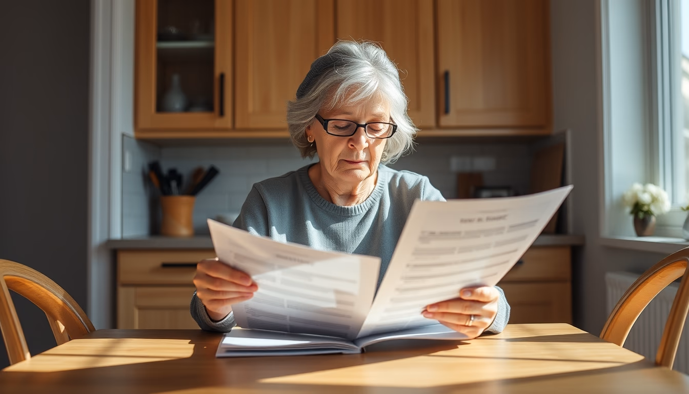 widow reading benefit documents at kitchen table in editorial style