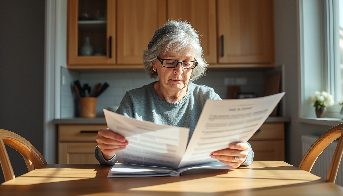Widow reading benefit documents at kitchen table em estilo editorial