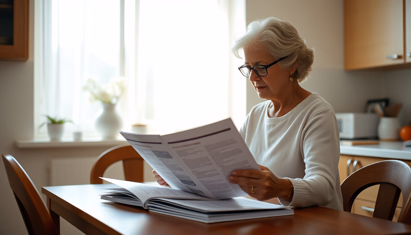 widow reading benefit documents at kitchen table in editorial style