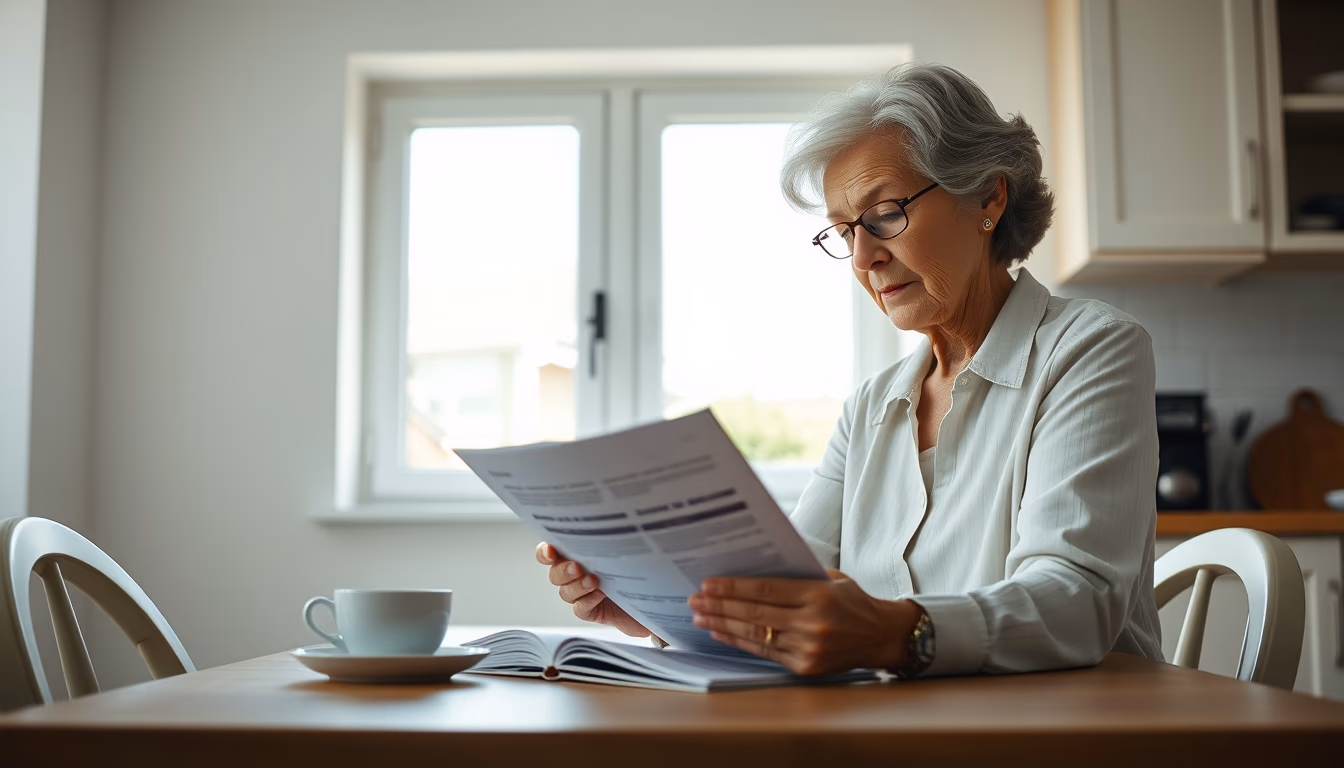 widow reading benefit documents at kitchen table in editorial style