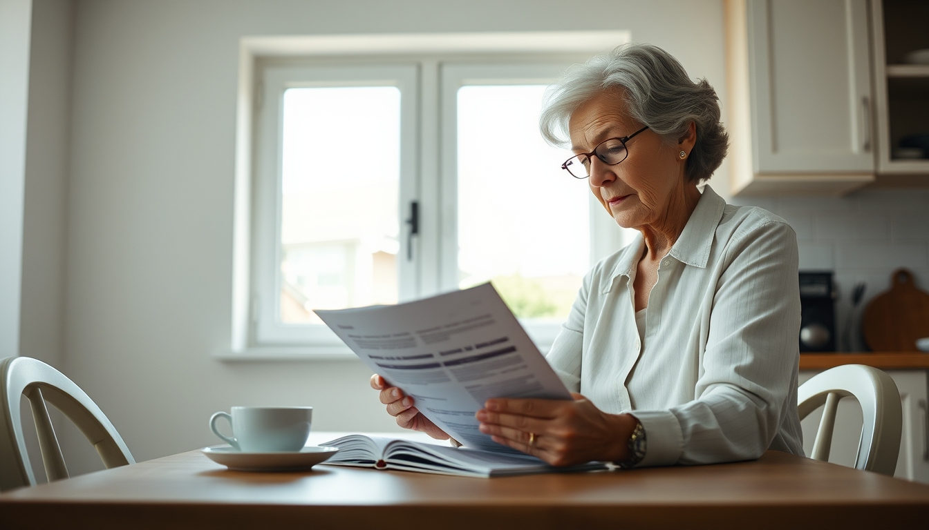 Widow reading benefit documents at kitchen table em estilo editorial