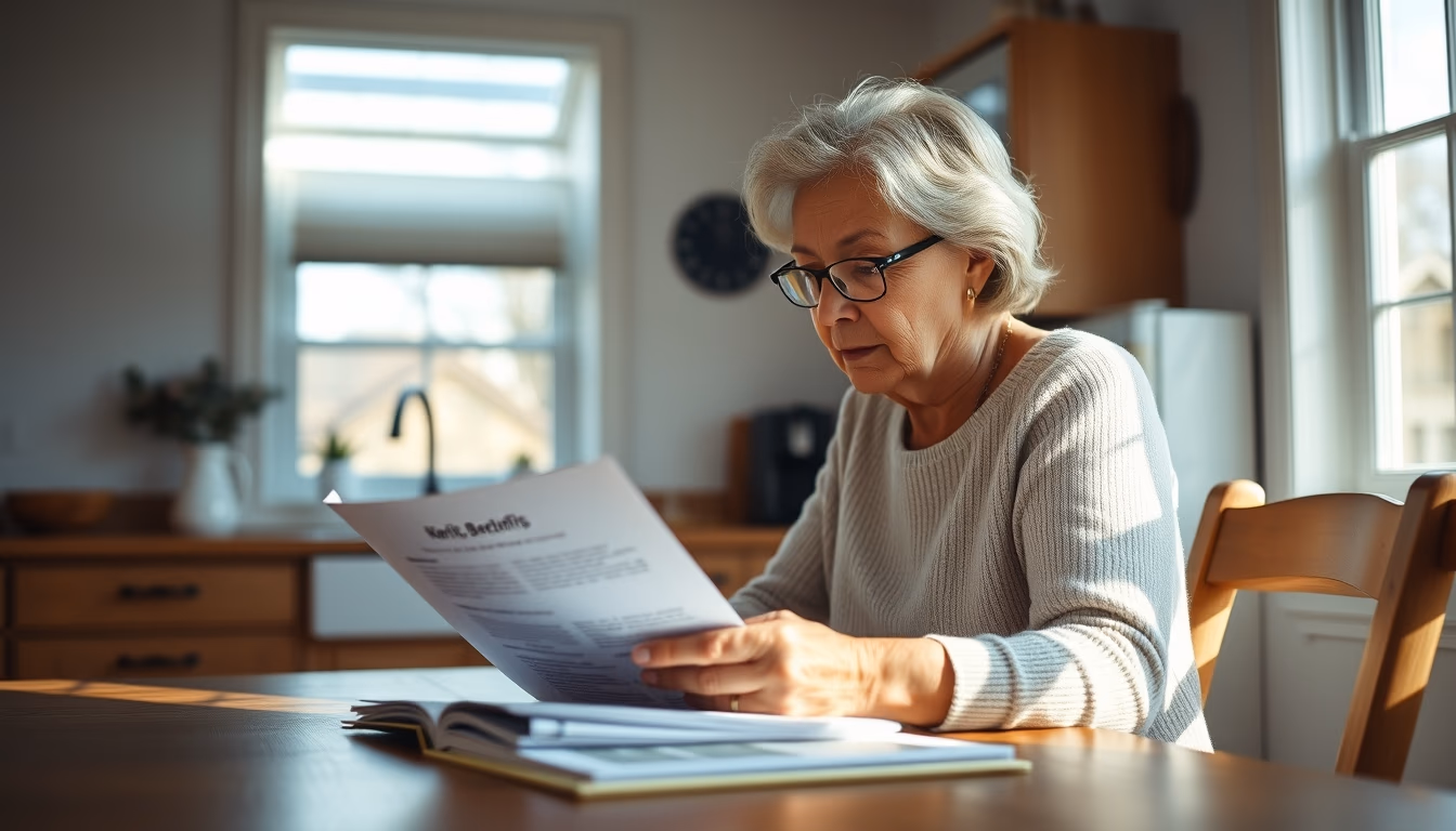 widow reading benefit documents at kitchen table in editorial style