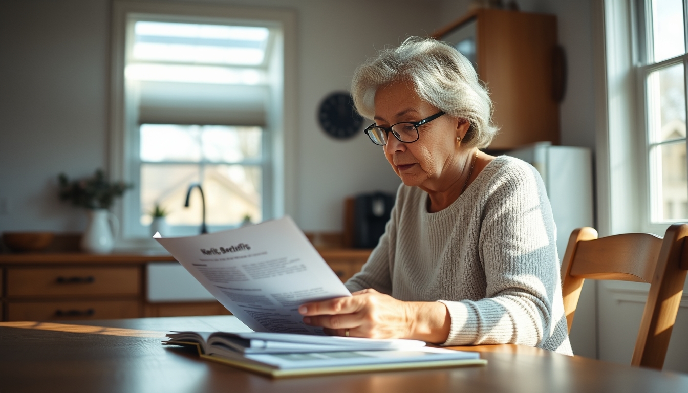 Widow reading benefit documents at kitchen table em estilo editorial