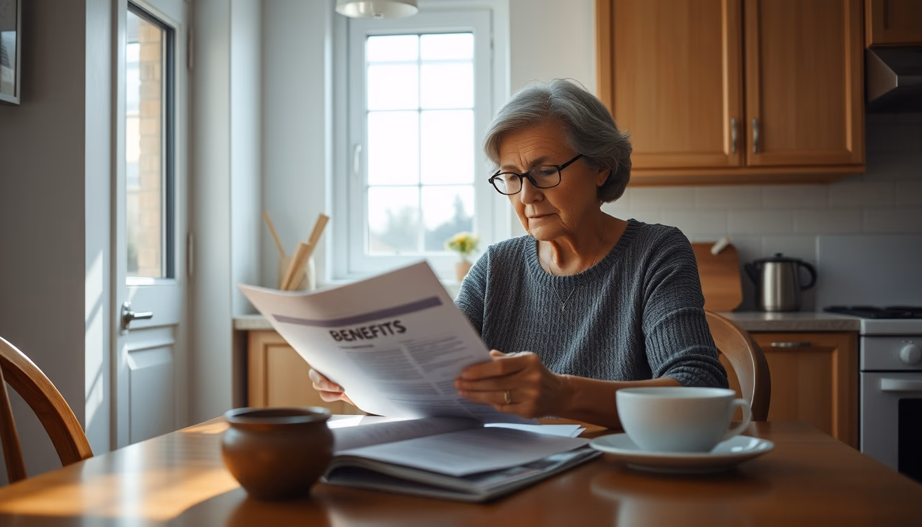 widow reading benefit documents at kitchen table in editorial style