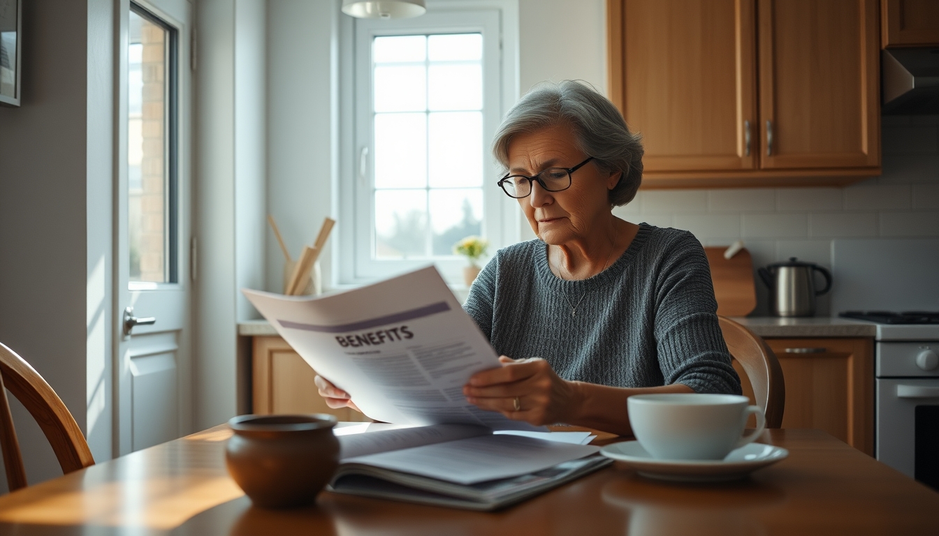 Widow reading benefit documents at kitchen table em estilo editorial