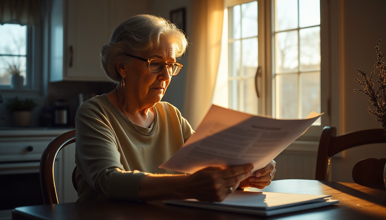 widow reading benefit documents at kitchen table in editorial style