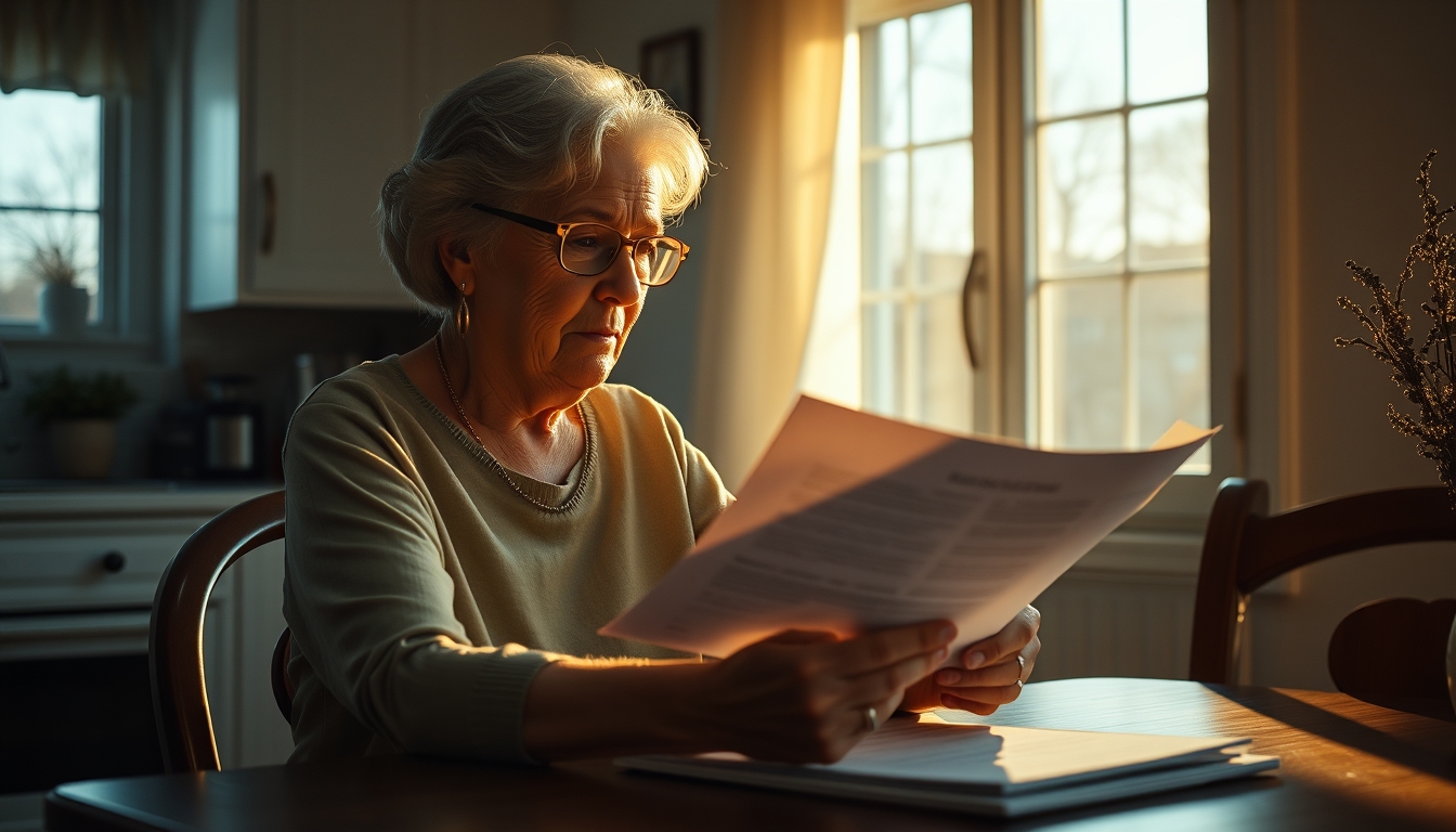 Widow reading benefit documents at kitchen table em estilo editorial