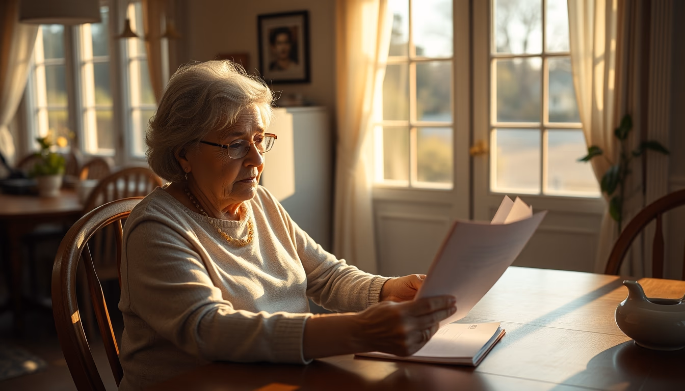 widow reading benefit documents at kitchen table in editorial style