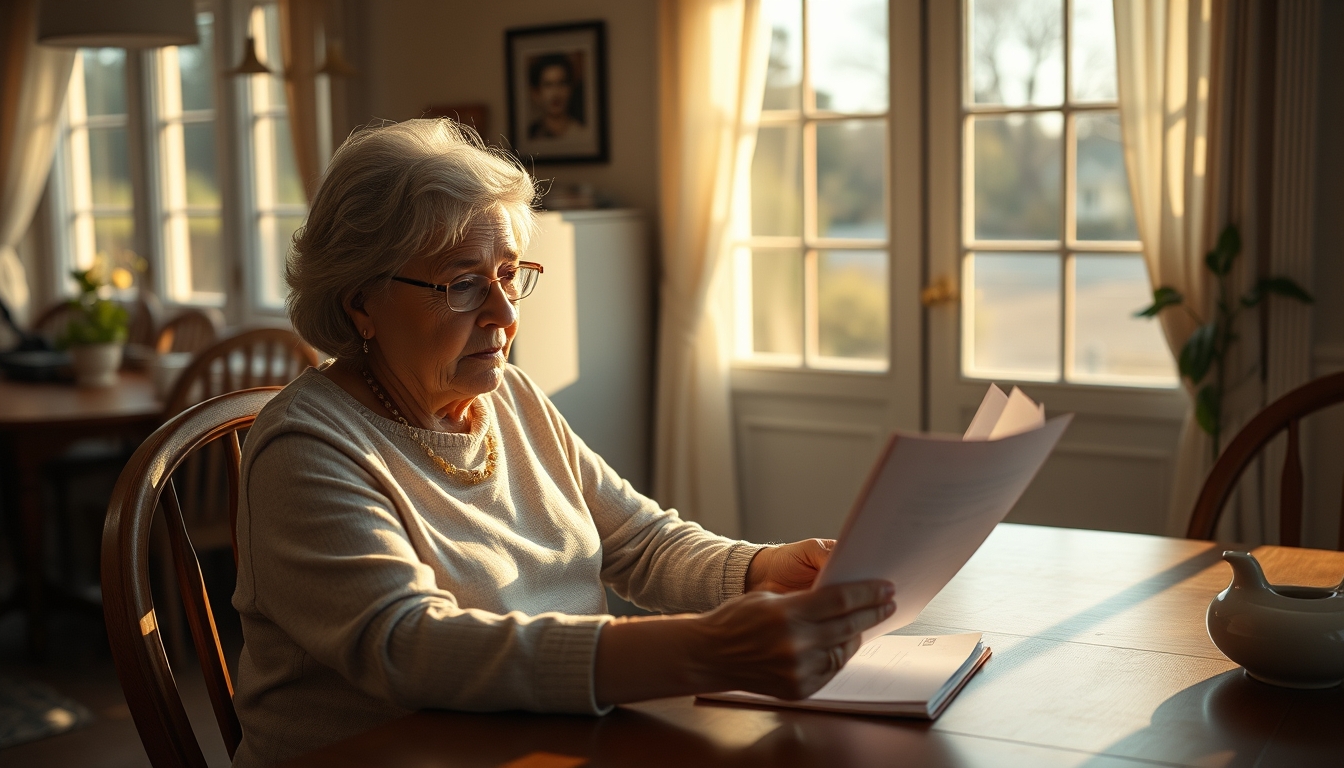 Widow reading benefit documents at kitchen table em estilo editorial