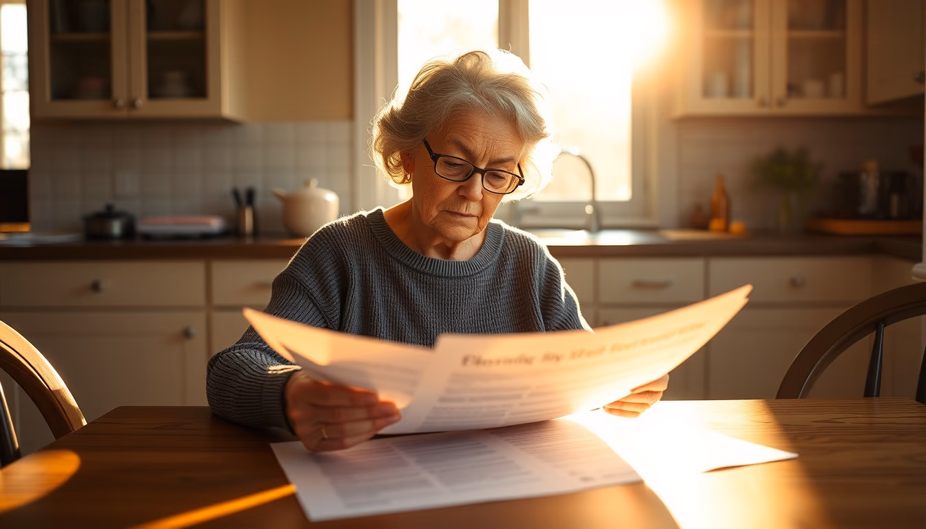 widow reading benefit documents at kitchen table in editorial style