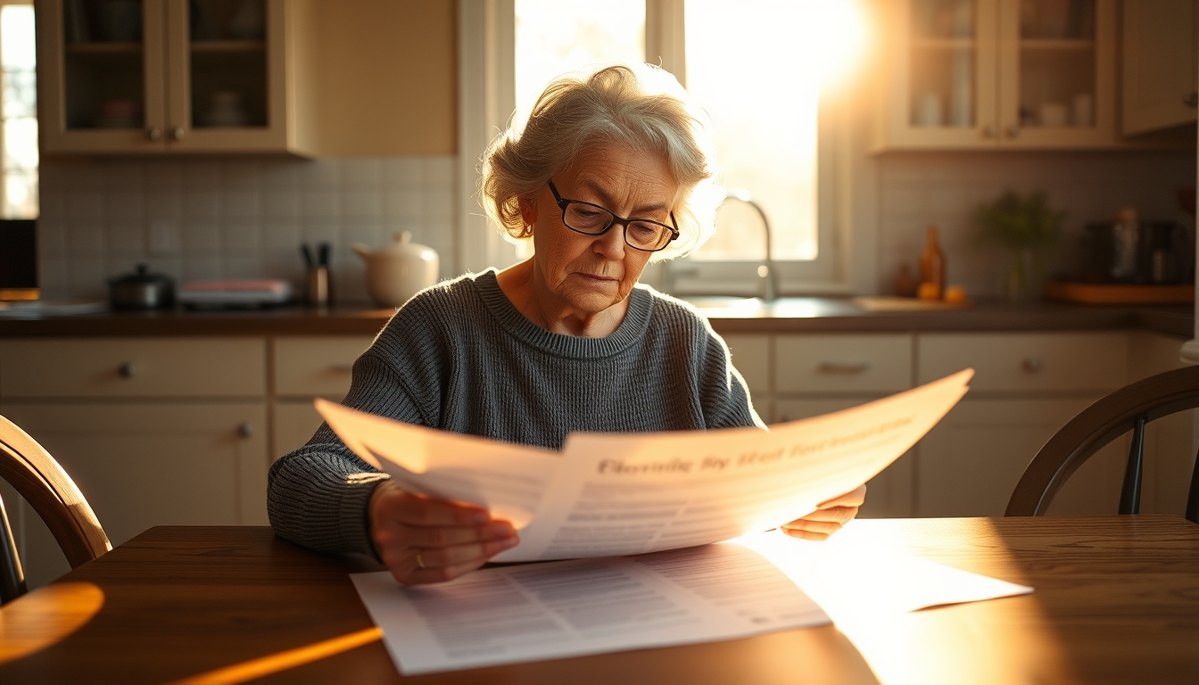 Widow reading benefit documents at kitchen table em estilo editorial