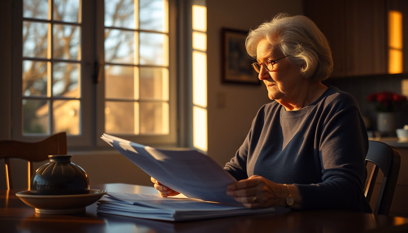 widow reading benefit documents at kitchen table in editorial style