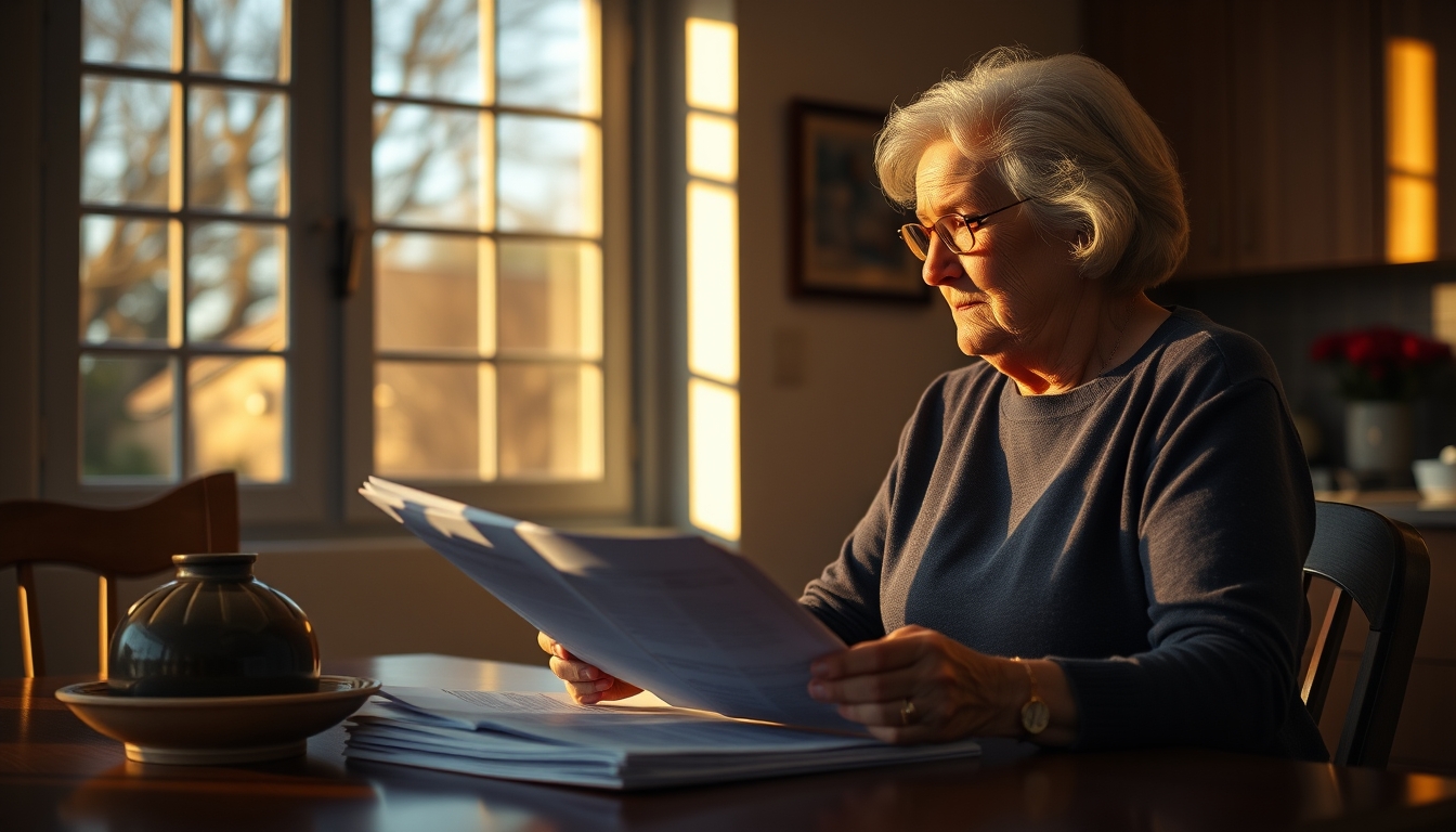Widow reading benefit documents at kitchen table em estilo editorial