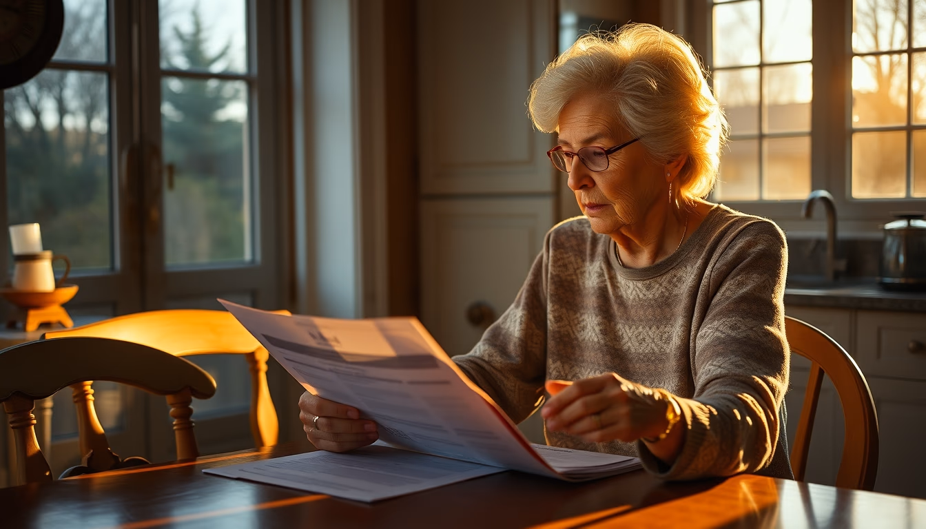 widow reading benefit documents at kitchen table in editorial style