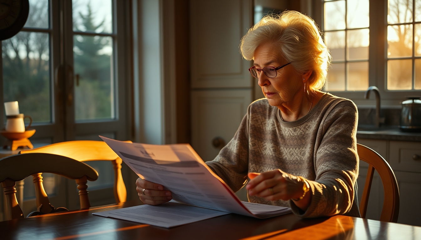 Widow reading benefit documents at kitchen table em estilo editorial