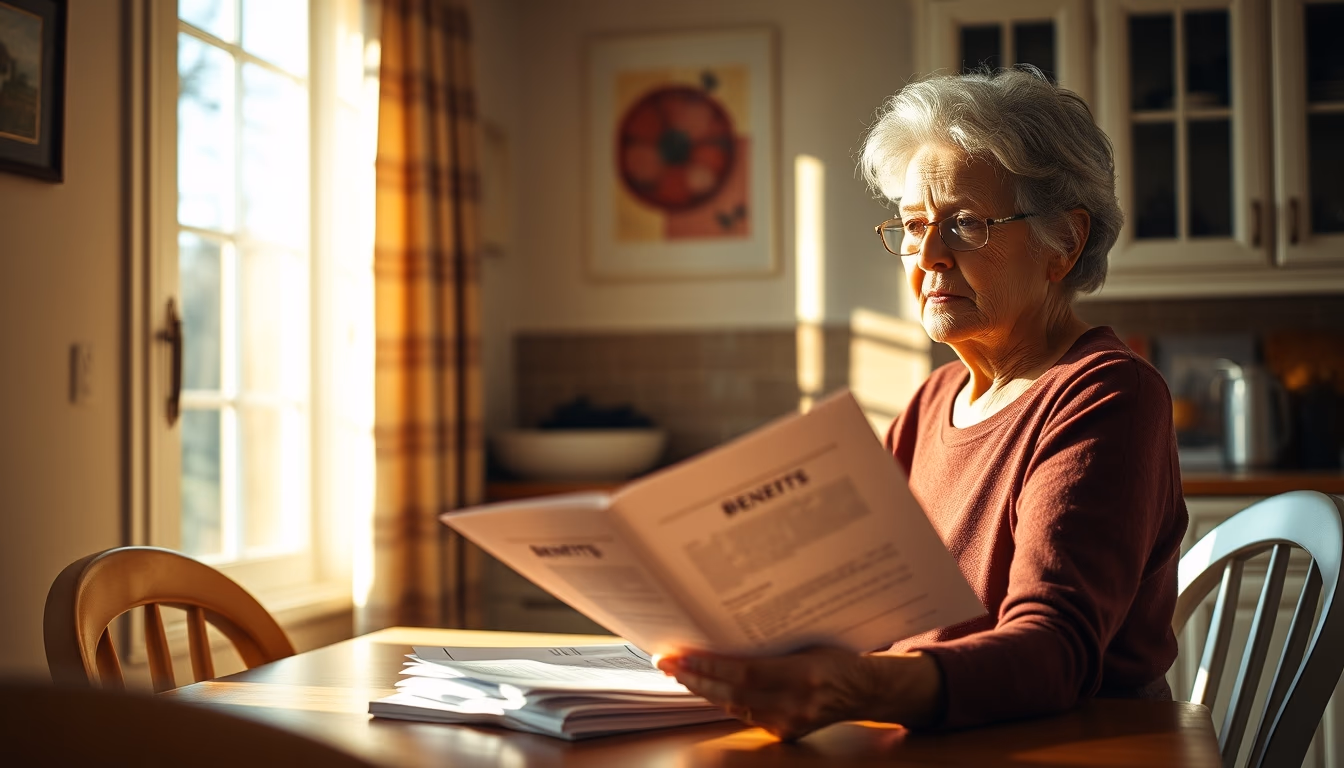 widow reading benefit documents at kitchen table in editorial style