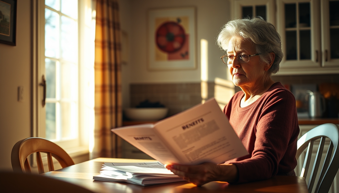 Widow reading benefit documents at kitchen table em estilo editorial