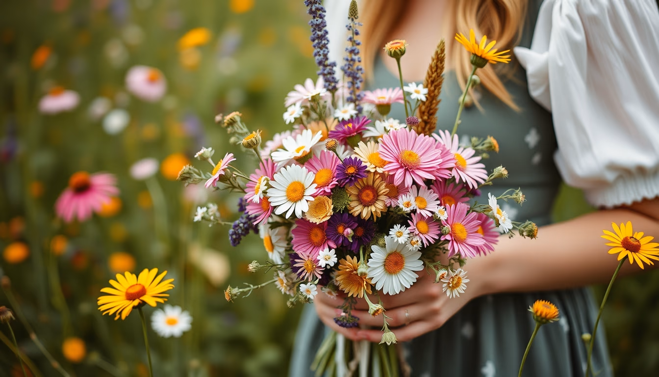 wildflower meadow bouquet in editorial style