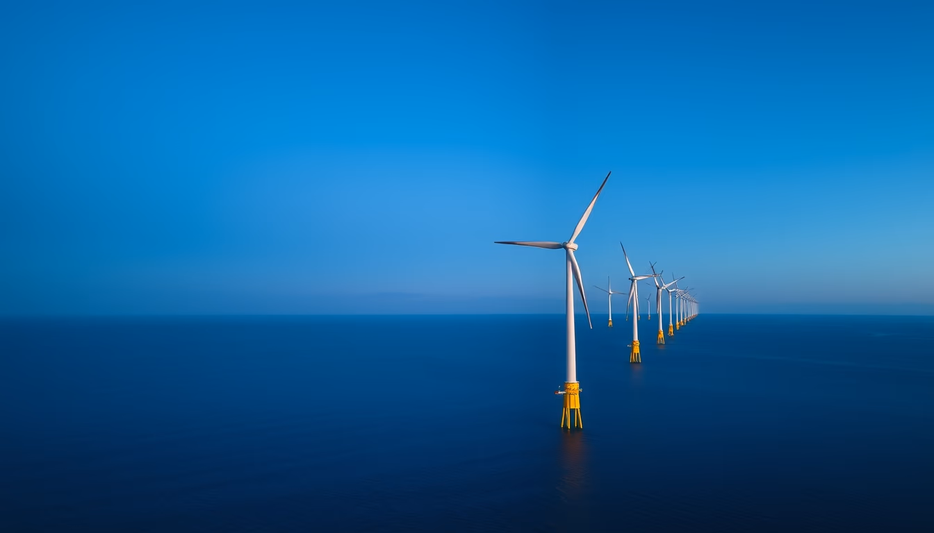wind turbine farm offshore in editorial style