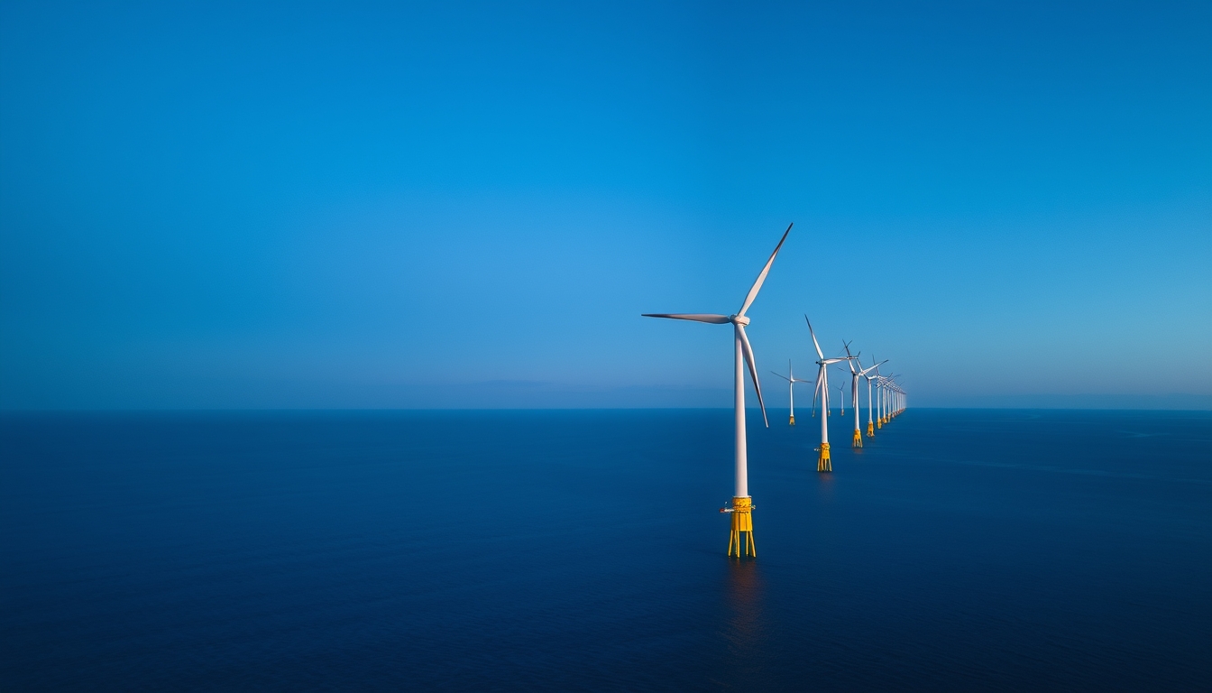 wind turbine farm offshore in editorial style