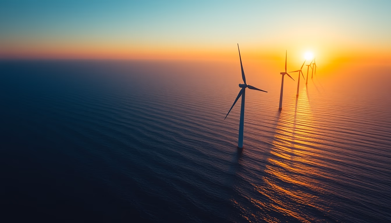 wind turbine farm offshore in editorial style