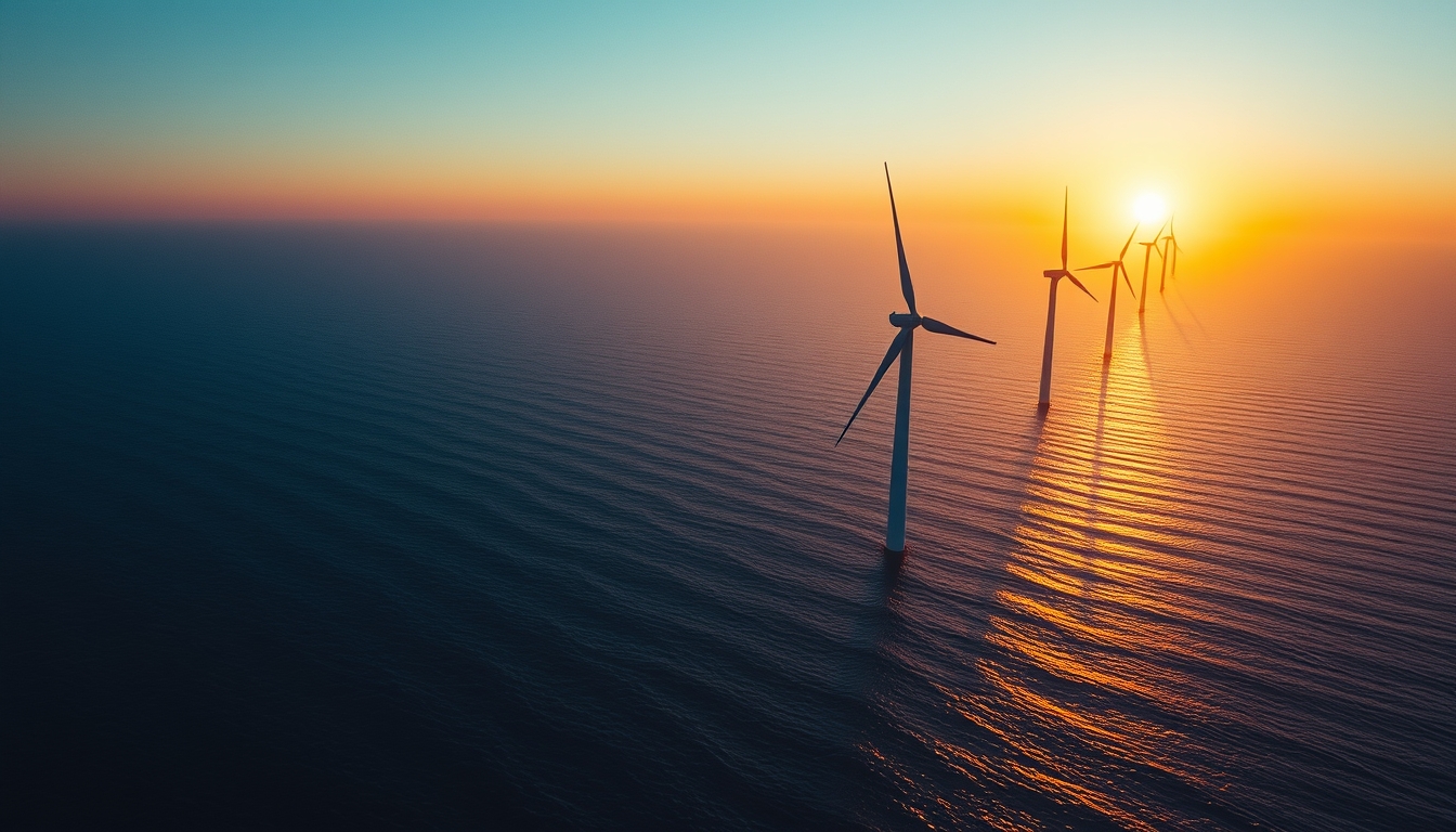 wind turbine farm offshore in editorial style